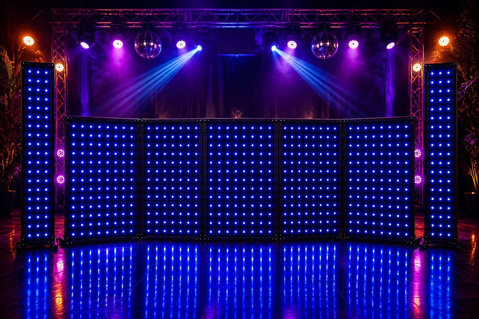 Cabina DJ Viralco iluminada en montaje de evento