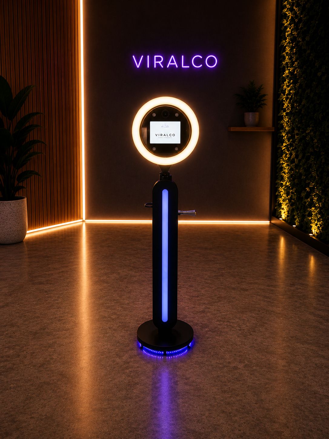 Totem de fotos Viralco con aro de luz y fondo de marca
